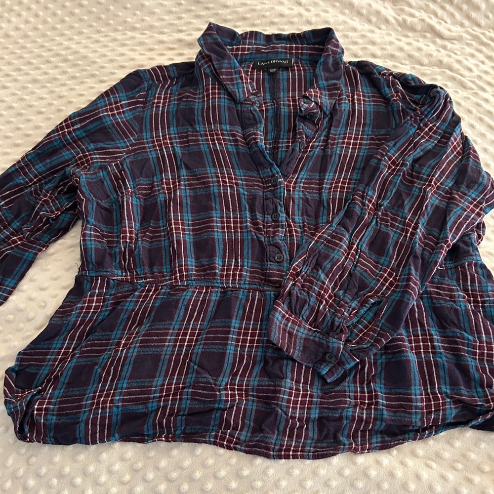 Lane Bryant Navy & Burgundy Plaid Button-Front Top